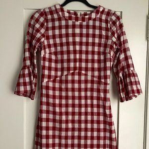Red Gingham Midi Dress with Ruffled Sleeves